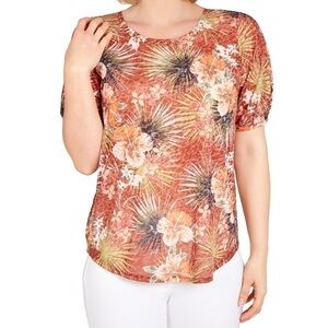 Ruby Rd. Rust Floral Rhinestone 
Accent Short-Sleeve Top